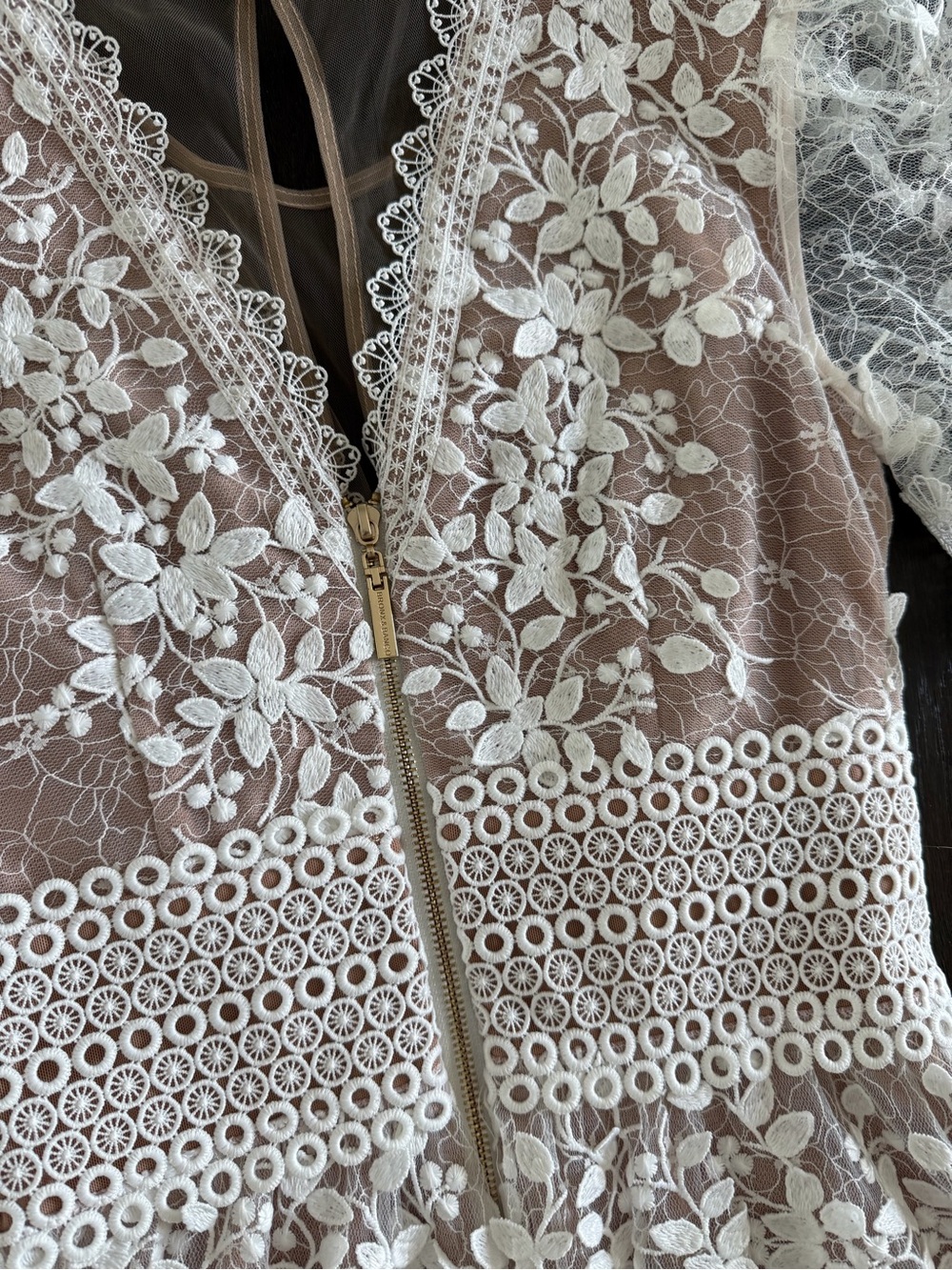 Bronx and Banco White Floral Lace Deep V Mini Dress - Picture 7 of 7